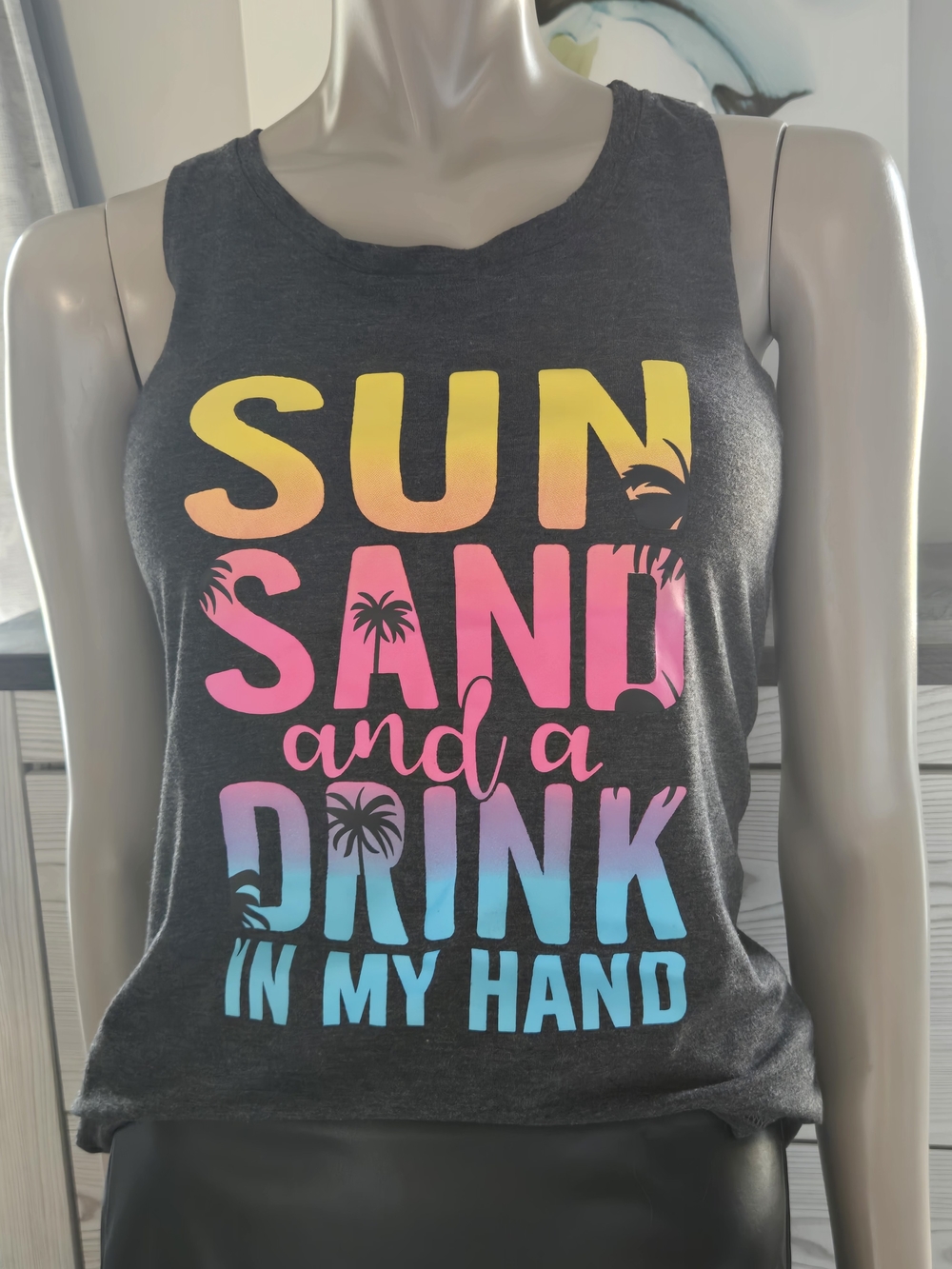 Charcoal Summer Graphic Tank Top with Yellow-Pink-Blue Gradient Text